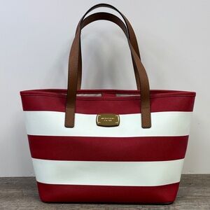 Michael Kors Red & White Stripe Saffiano Leather Tote